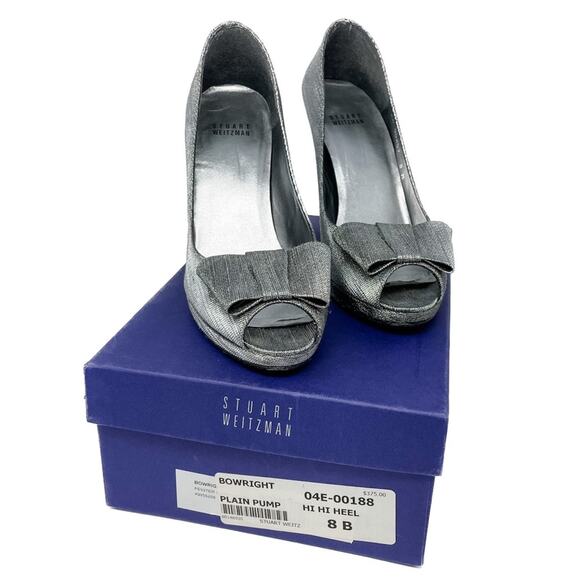 Stuart Weitzman silver pewter Bowright peep toe bow platform pumps size 8 - Picture 6 of 16